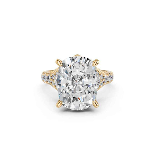 CUSHION CROWN RING WITH HIDDEN HALO AND PAVE BAND
