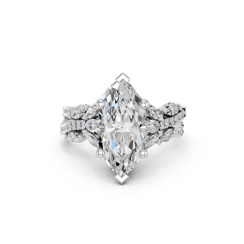 Marquise Cut Lab Grown Diamond Engagement Ring with floral side stones and split pave band| D VS1