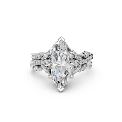 Marquise Cut Lab Grown Diamond Engagement Ring with floral side stones and split pave band| D VS1