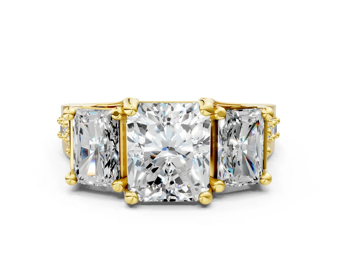 Radiant  Cut Lab Diamond Engagement Ring in three stone setting with hidden halo and pave band| D VS1