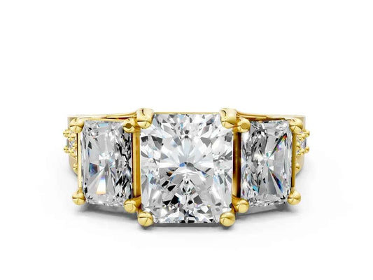 Radiant  Cut Lab Diamond Engagement Ring in three stone setting with hidden halo and pave band| D VS1