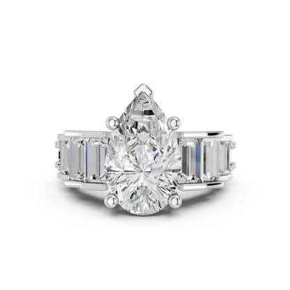 PEAR RING WITH BAGUETTE SIDE STONES