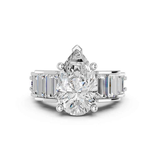 PEAR RING WITH BAGUETTE SIDE STONES