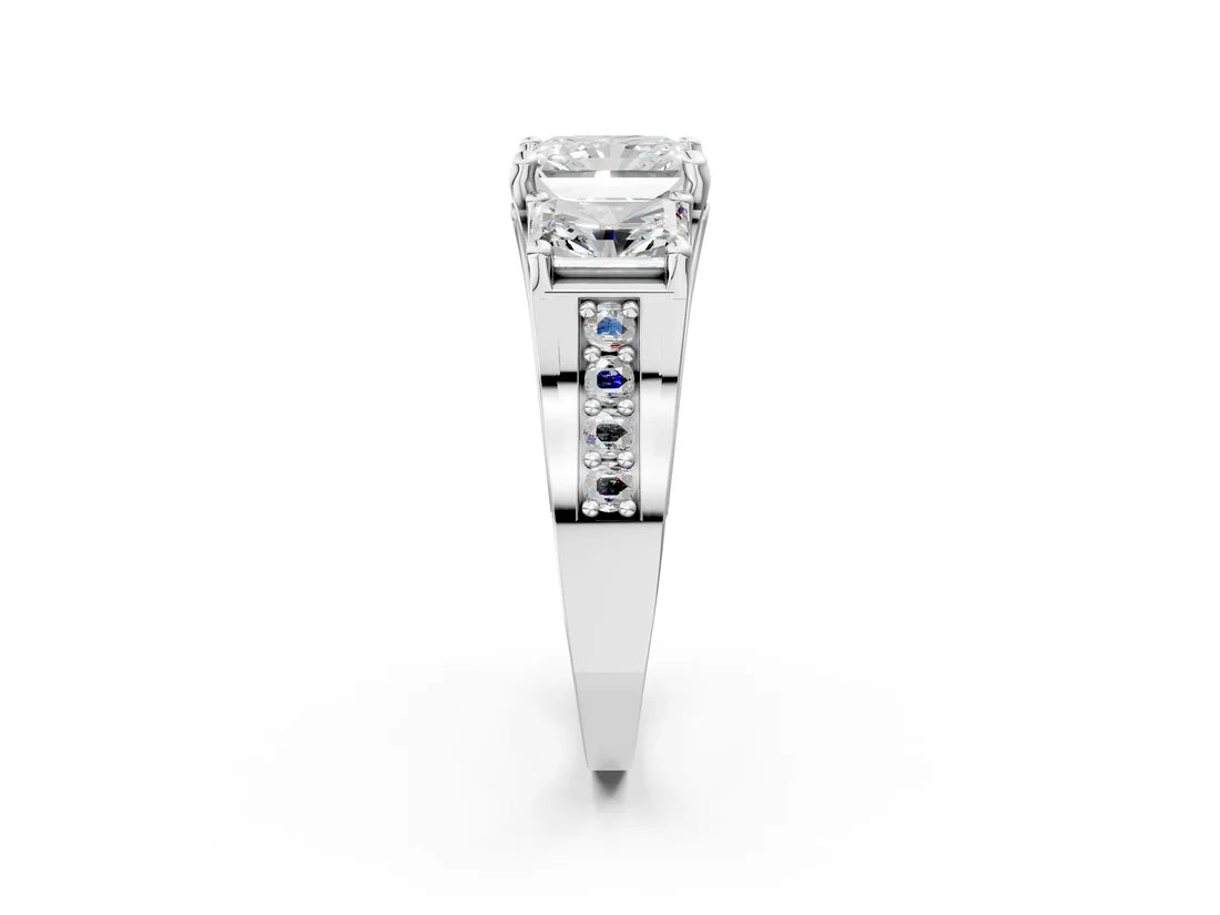 Asscher Cut Lab Diamond Engagement Ring in three stone setting with hidden halo and pave band| D VS1