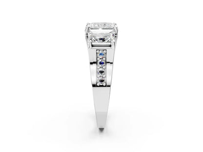 Asscher Cut Lab Diamond Engagement Ring in three stone setting with hidden halo and pave band| D VS1