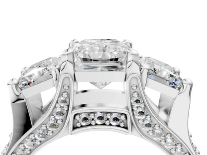 Radiant  Cut Lab Diamond Engagement Ring in three stone setting with hidden halo and pave band| D VS1