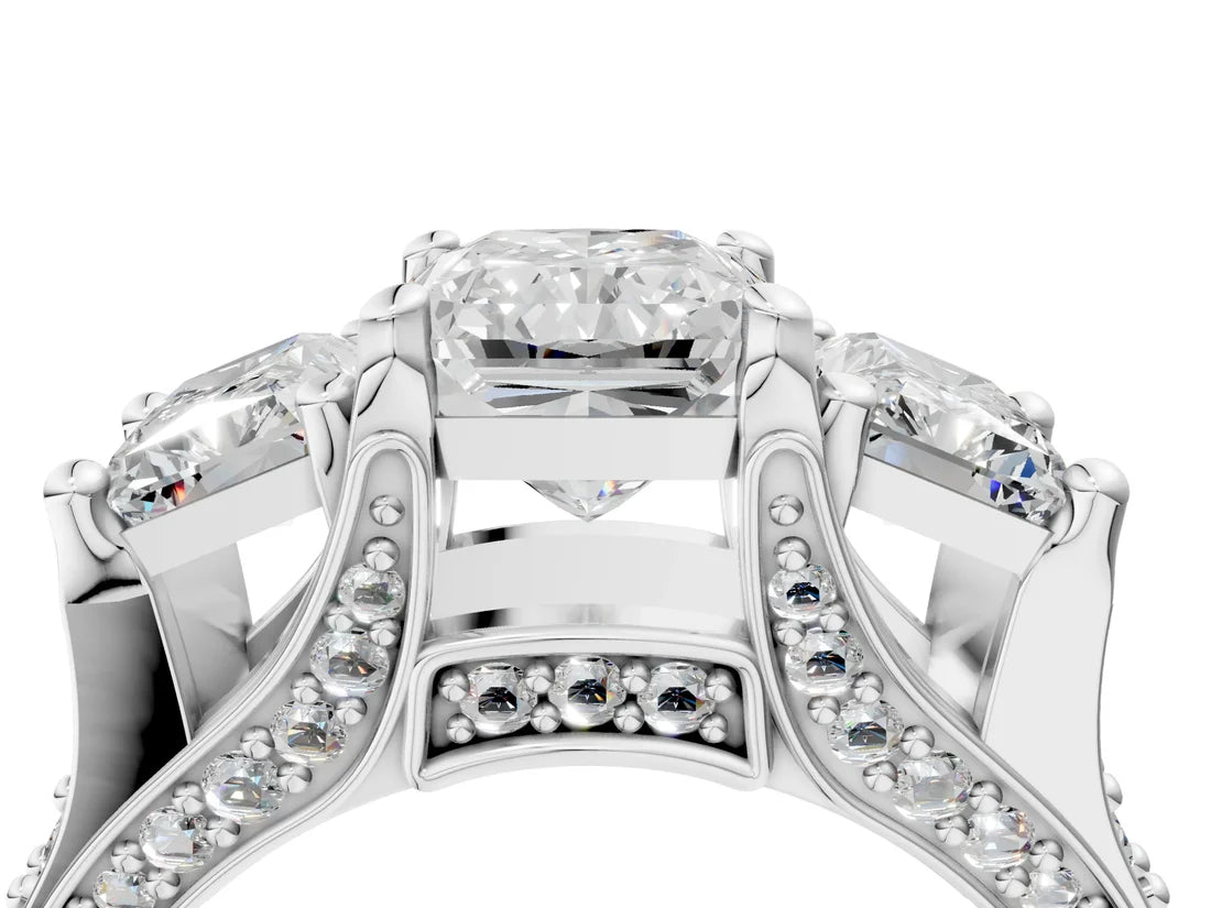 Cushion Cut Lab Diamond Engagement Ring in three stone setting with hidden halo and pave band| D VS1