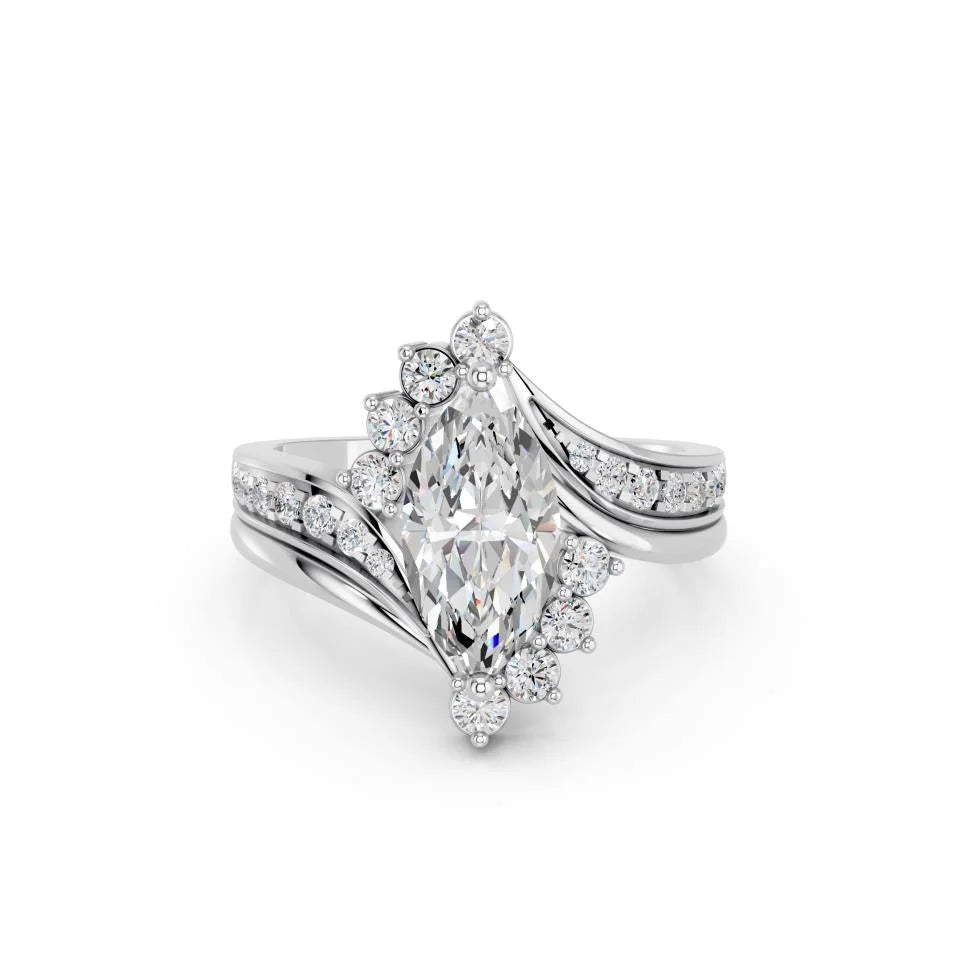 Marquise Cut Halo Lab Grown Diamond Engagement Ring with split pave band and floral accents| D VS1