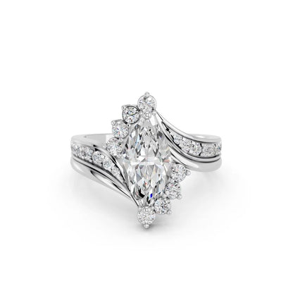 Marquise Cut Halo Lab Grown Diamond Engagement Ring with split pave band and floral accents| D VS1