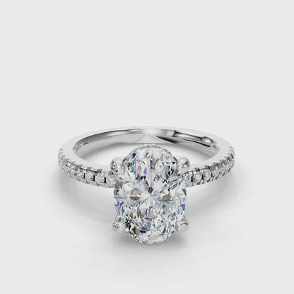 Oval Cut Hidden Halo Lab Grown Diamond Engagement Ring with Pave Band| D VS1
