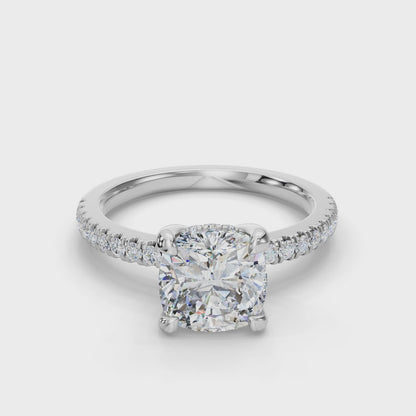 Cushion  Cut Hidden Halo Lab Grown Diamond Engagement Ring with Pave Band| D VS1