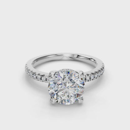 Round Cut Hidden Halo Lab Grown Diamond Engagement Ring with Pave Band| D VS1
