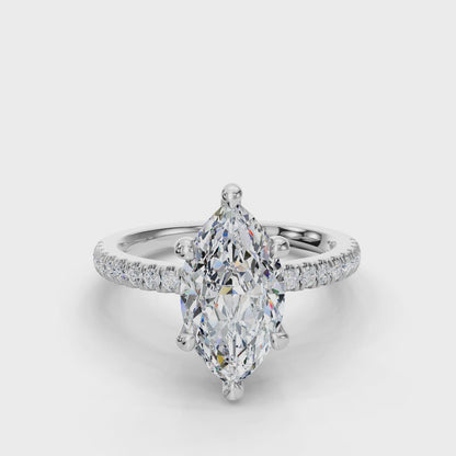Marquise Cut Hidden Halo Lab Grown Diamond Engagement Ring with Pave Band| D VS1