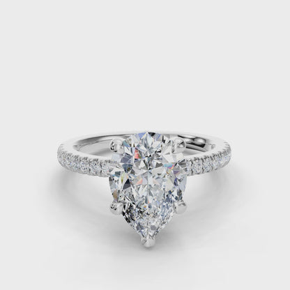 Pear Cut Hidden Halo Lab Grown Diamond Engagement Ring with Pave Band| D VS1