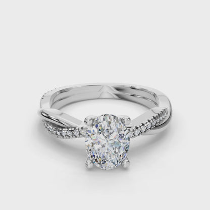 Oval Cut Lab Diamond Engagement Ring with crossover pave band| D VS1
