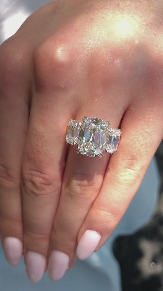 CRISS CUT THREE STONE RING WITH HIDDEN HALO