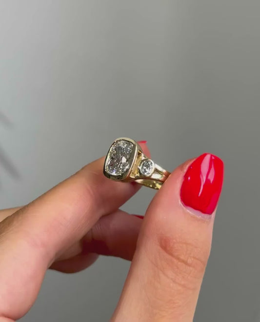 CUSHION THREE STONE BEZEL RING