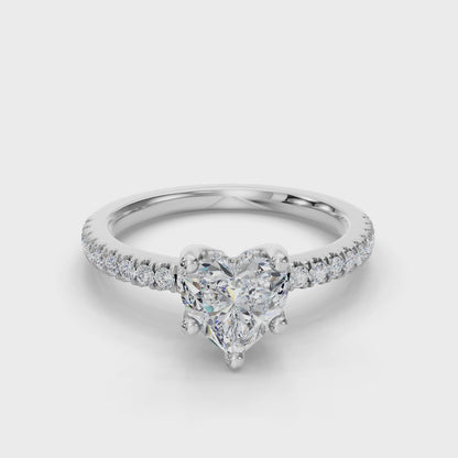 Heart Cut Hidden Halo Lab Grown Diamond Engagement Ring with Pave Band| D VS1