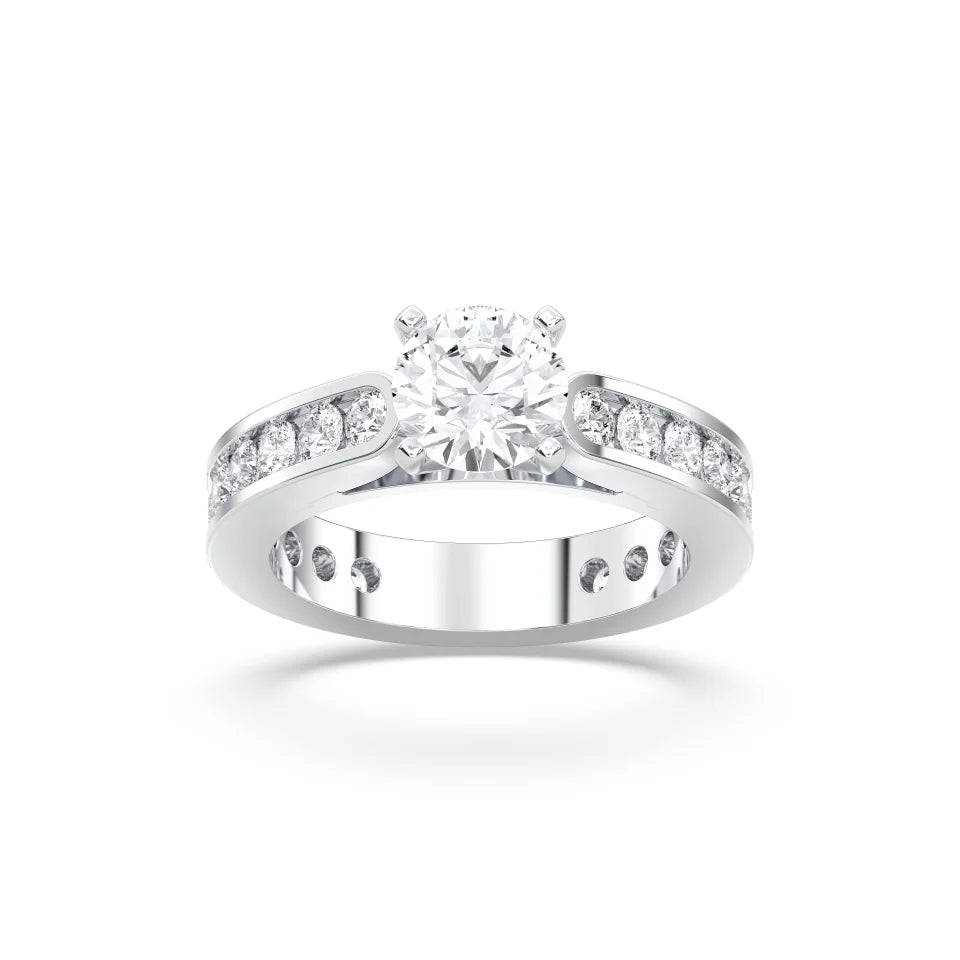 Round Cut Lab Diamond Engagement Ring with with channel set side stones| D VS1