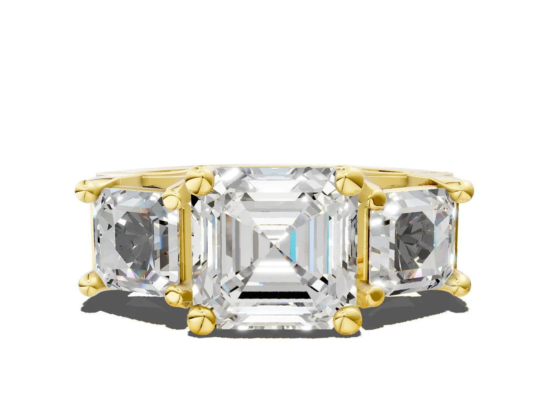 Asscher Cut Lab Diamond Engagement Ring in three stone setting with hidden halo and pave band| D VS1