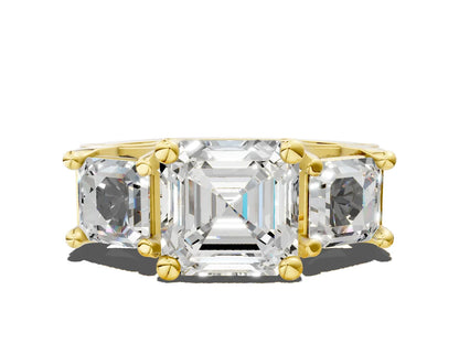 Asscher Cut Lab Diamond Engagement Ring in three stone setting with hidden halo and pave band| D VS1