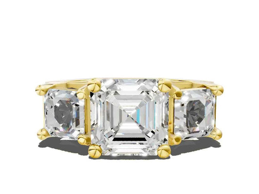 Asscher Cut Lab Diamond Engagement Ring in three stone setting with hidden halo and pave band| D VS1