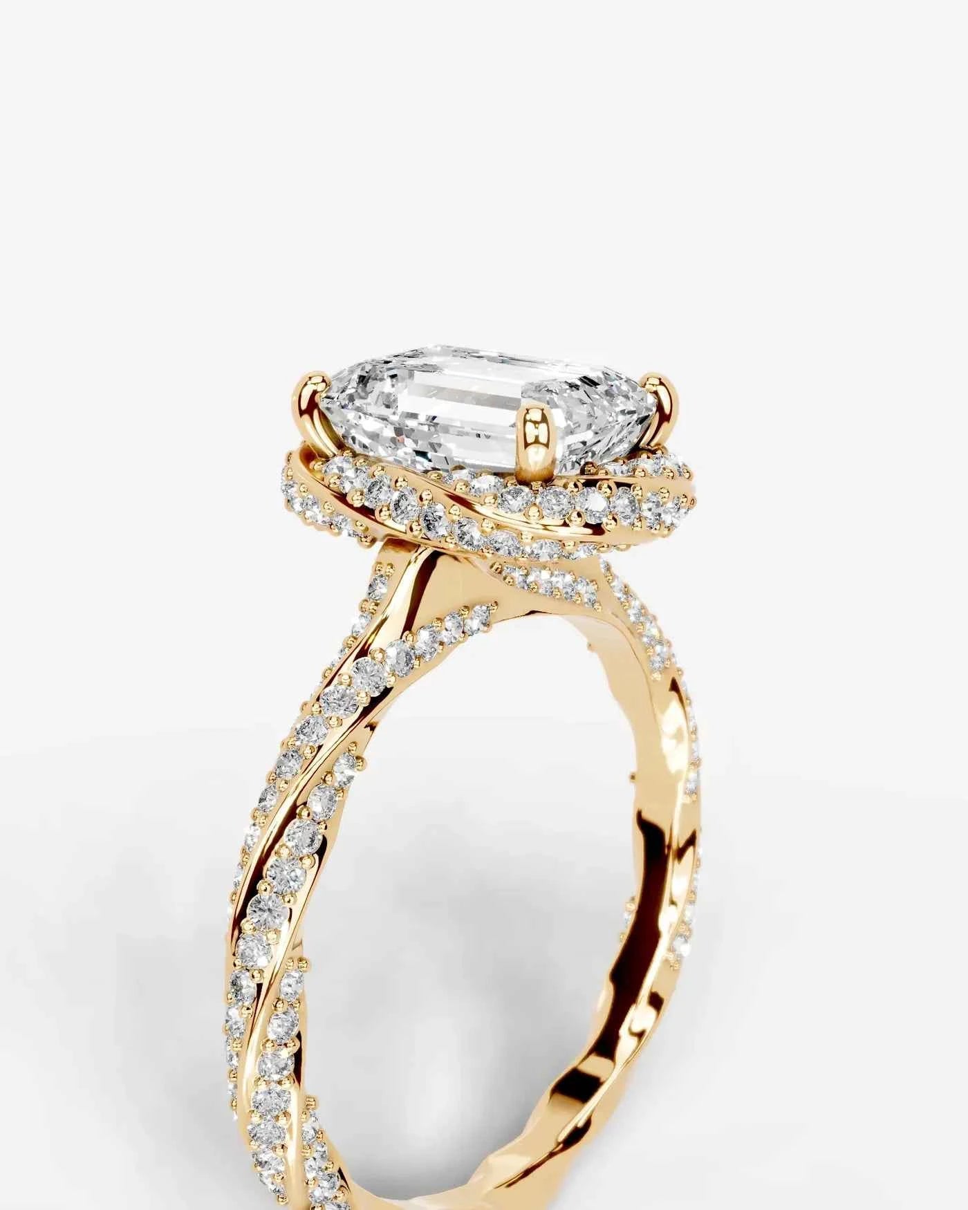 Emerald Cut Lab Diamond Engagement Ring with double halo and twisted pave band| D VS1