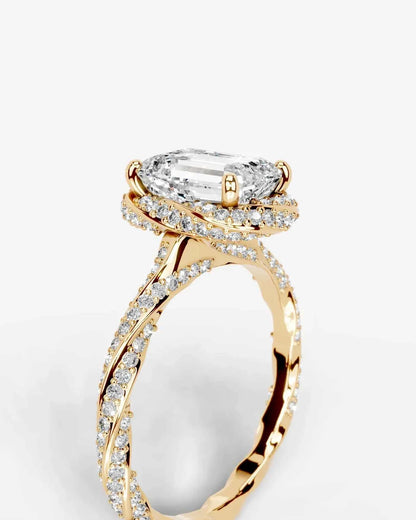 Emerald Cut Lab Diamond Engagement Ring with double halo and twisted pave band| D VS1