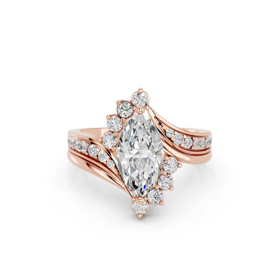 Marquise Cut Halo Lab Grown Diamond Engagement Ring with split pave band and floral accents| D VS1