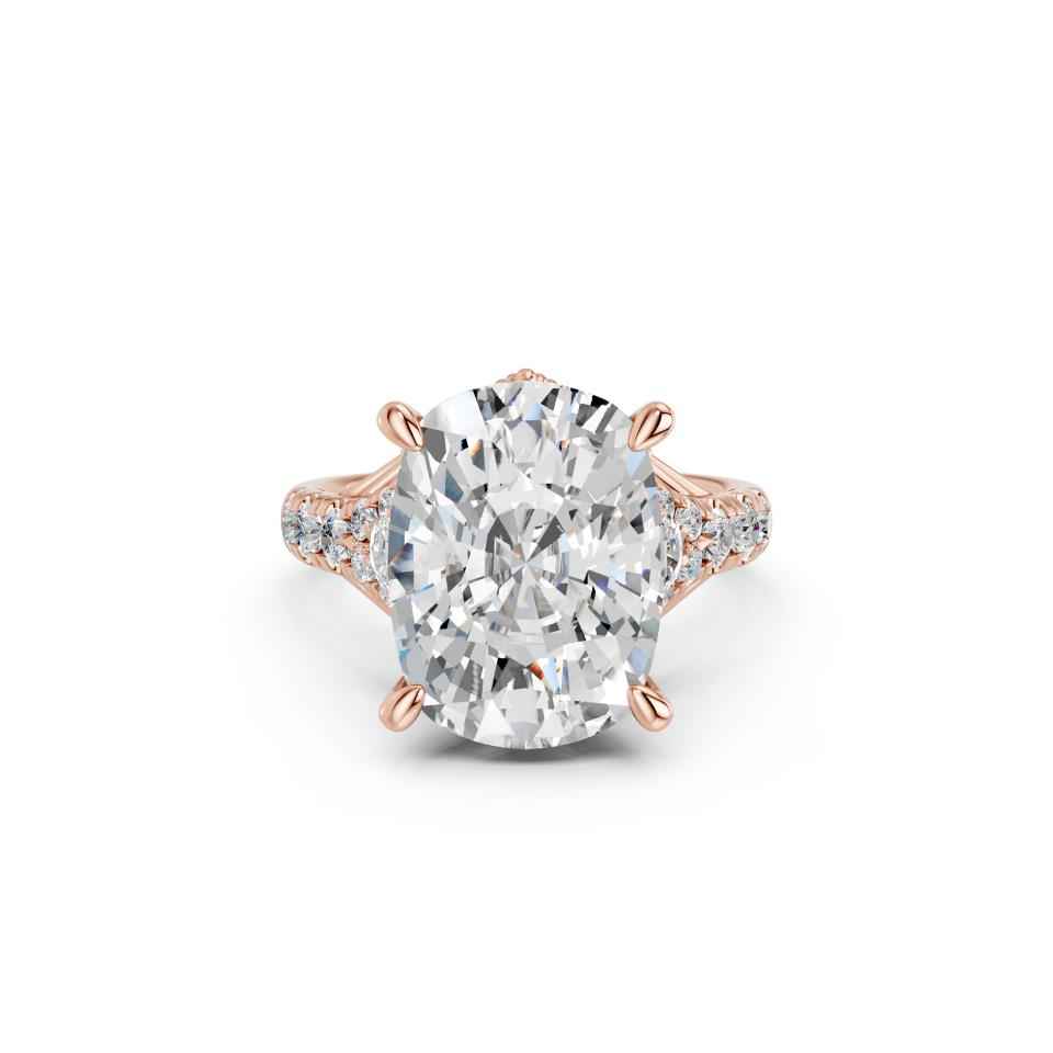 CUSHION CROWN RING WITH HIDDEN HALO AND PAVE BAND