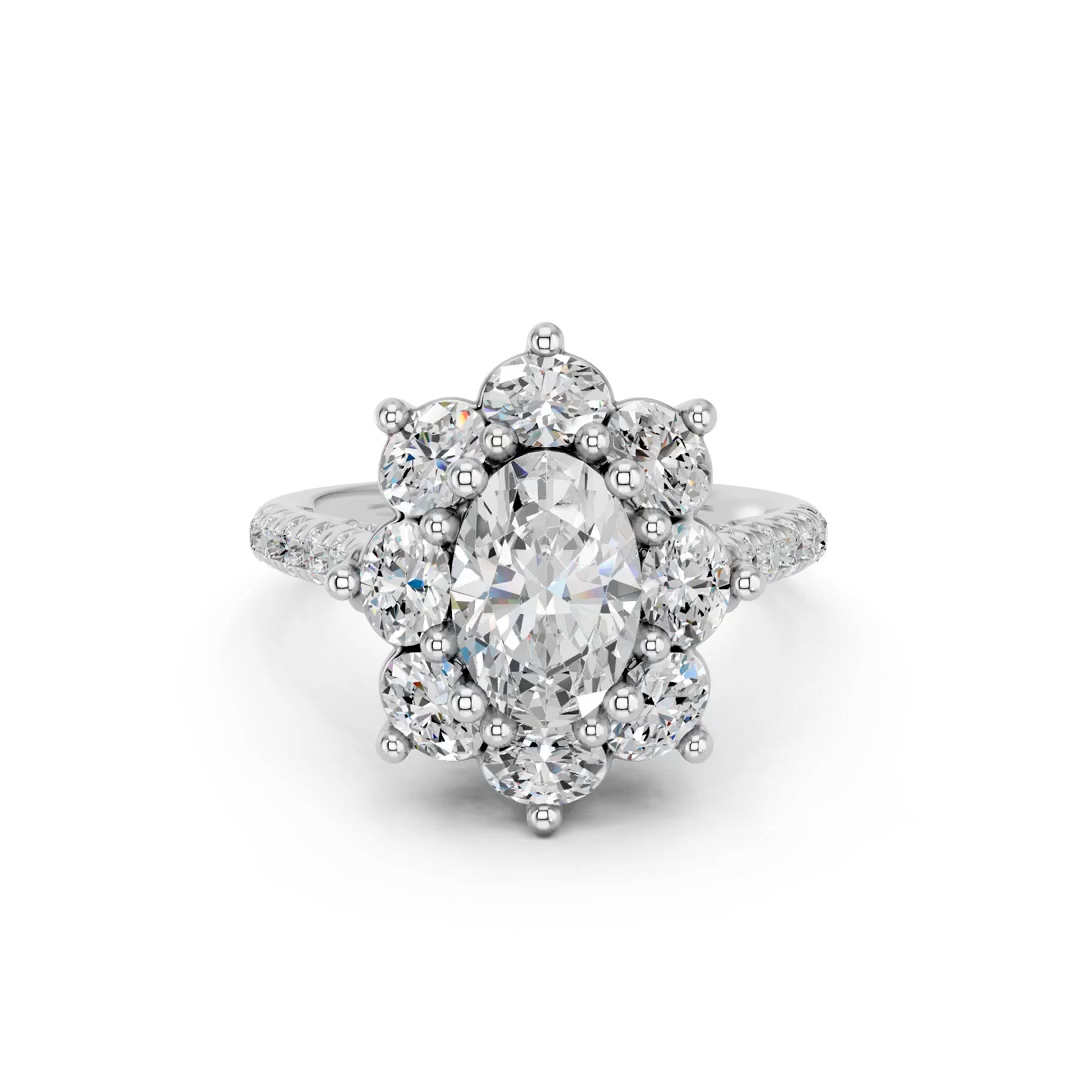 Oval Cut Lab Diamond with oval halo engagement ring with pave band| D VS1
