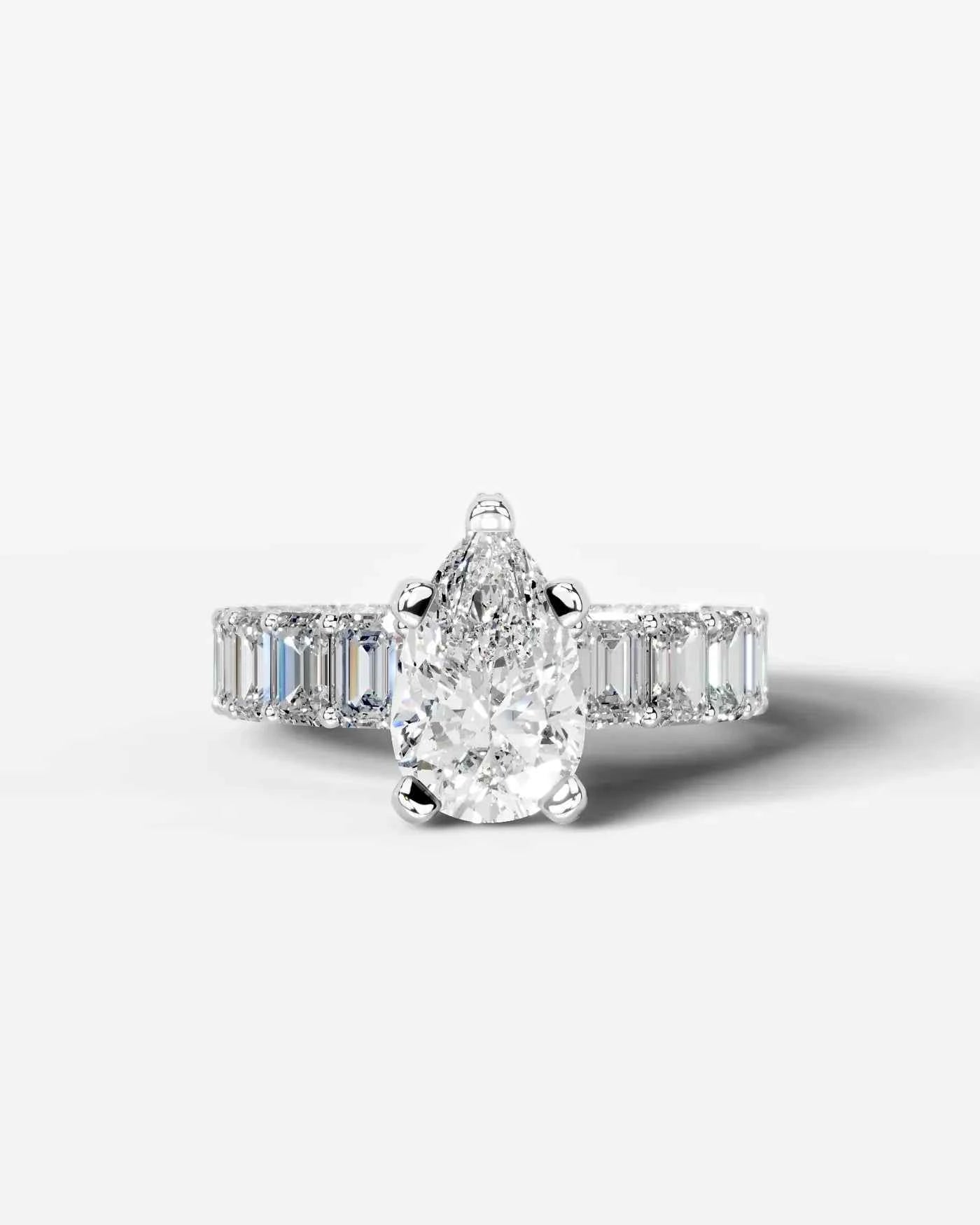 Pear Cut Lab Diamond Engagement Ring with Emerald cut eternity band and Hidden halo| D VS1