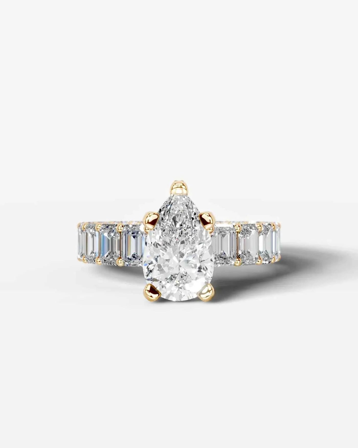 Pear Cut Lab Diamond Engagement Ring with Emerald cut eternity band and Hidden halo| D VS1