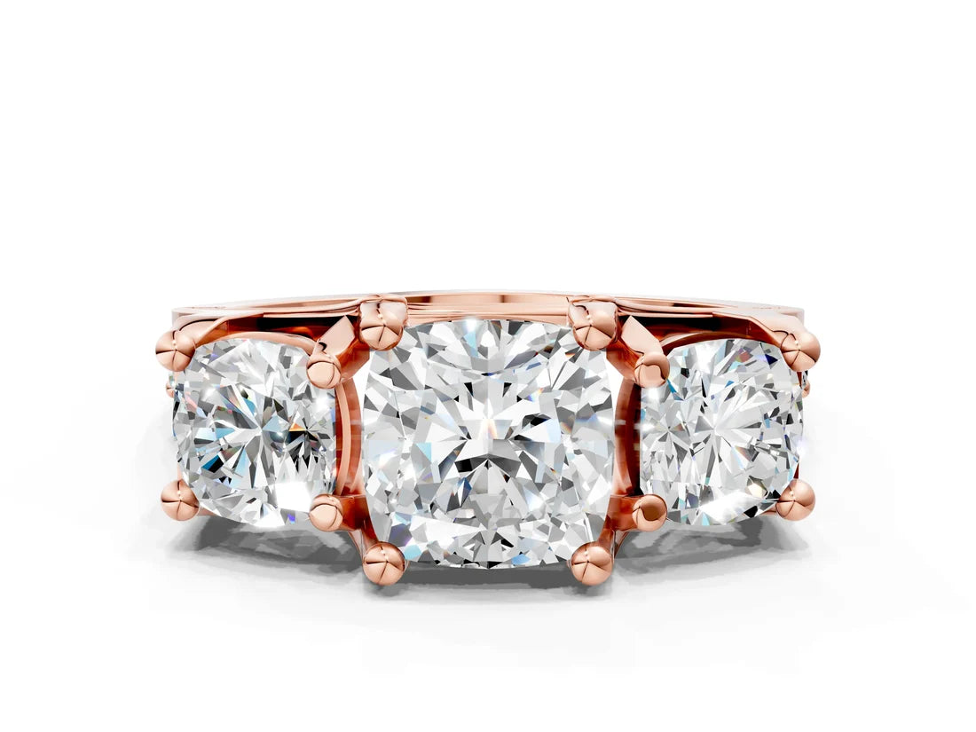 Cushion Cut Lab Diamond Engagement Ring in three stone setting with hidden halo and pave band| D VS1