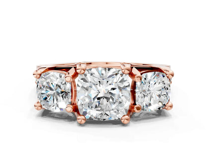 Cushion Cut Lab Diamond Engagement Ring in three stone setting with hidden halo and pave band| D VS1