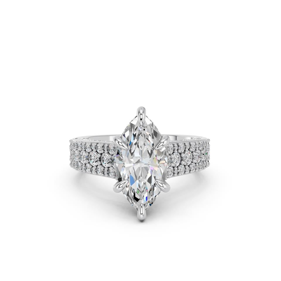 Marquise Cut Lab Grown Diamond Engagement Ring with triple pave band| D VS1