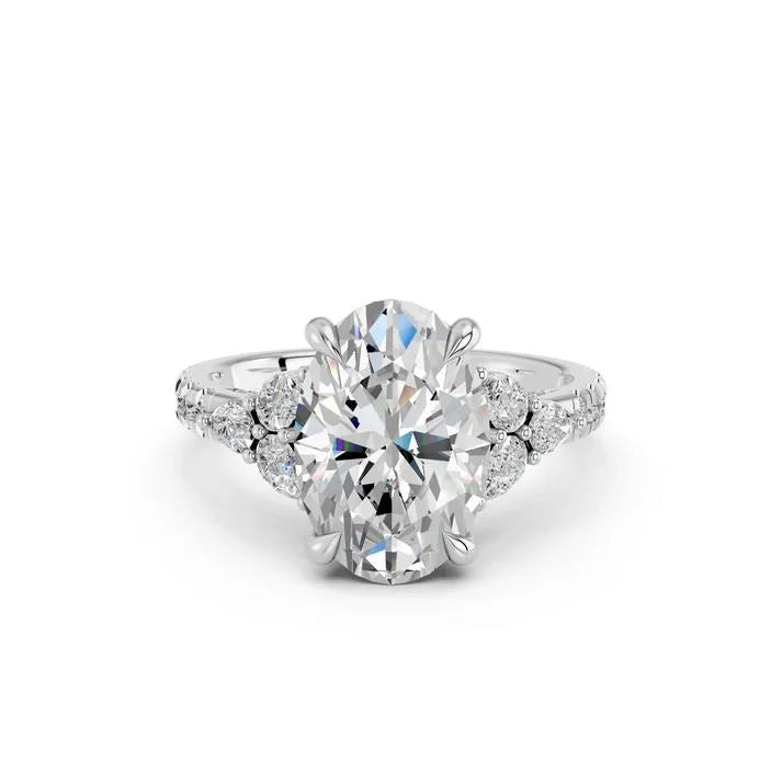 Oval Cut Lab Diamond Engagement Ring with pear side stones and pave band| D VS1