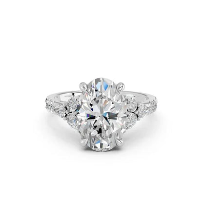Oval Cut Lab Diamond Engagement Ring with pear side stones and pave band| D VS1
