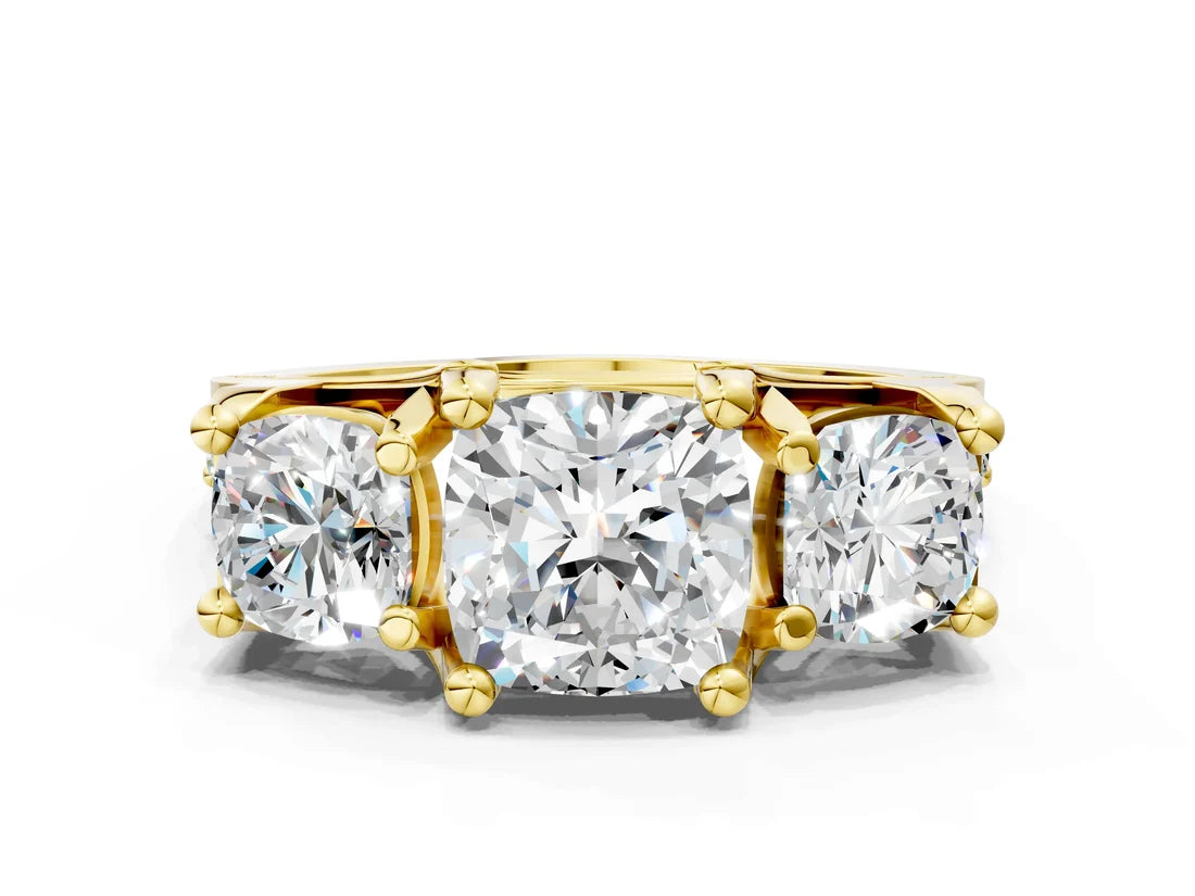 Cushion Cut Lab Diamond Engagement Ring in three stone setting with hidden halo and pave band| D VS1