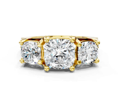 Cushion Cut Lab Diamond Engagement Ring in three stone setting with hidden halo and pave band| D VS1