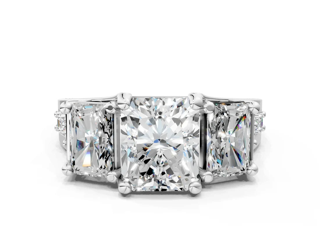 Radiant  Cut Lab Diamond Engagement Ring in three stone setting with hidden halo and pave band| D VS1