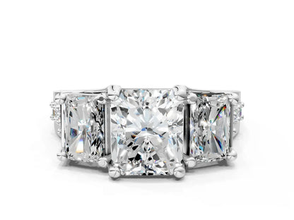 Radiant  Cut Lab Diamond Engagement Ring in three stone setting with hidden halo and pave band| D VS1